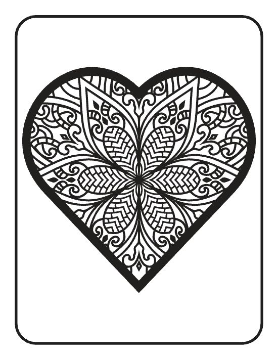Ornate heart shape filled with symmetrical floral patterns and swirling motifs in a detailed mandala.
