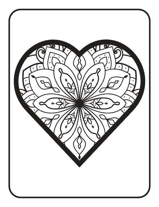 Heart silhouette containing a floral mandala with symmetrical petals and thick black outlines for a coloring page.