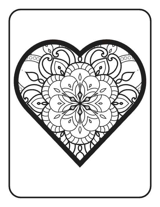 Ornate heart filled with symmetrical floral patterns and swirling motifs in a detailed mandala coloring page