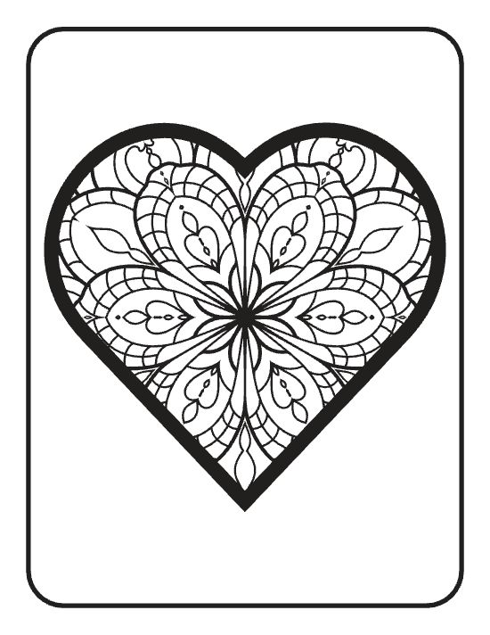 Large heart shape filled with symmetrical floral patterns and thick black outlines in a mandala.