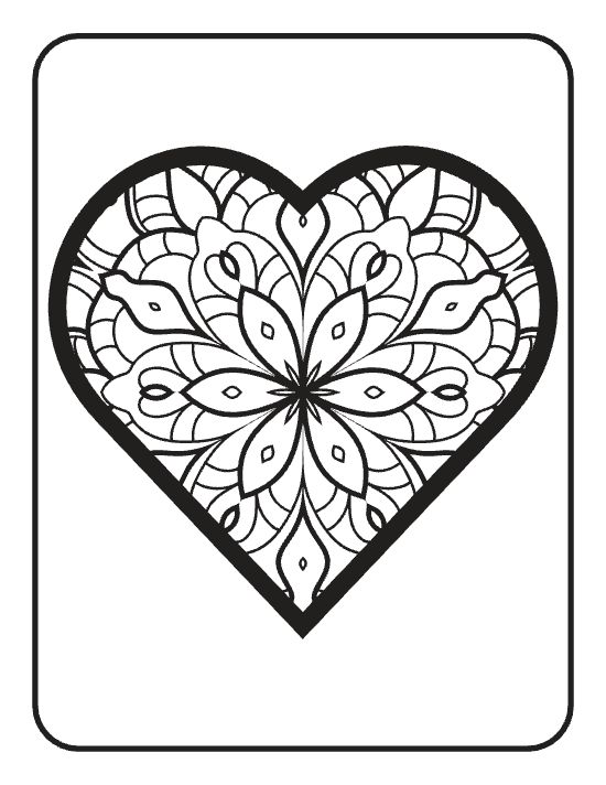 Ornate heart with a central floral motif and thick black borders in a symmetrical mandala.