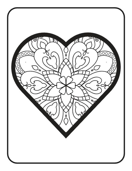 Ornate heart with symmetrical floral patterns and swirling motifs inside a thick black border mandala.