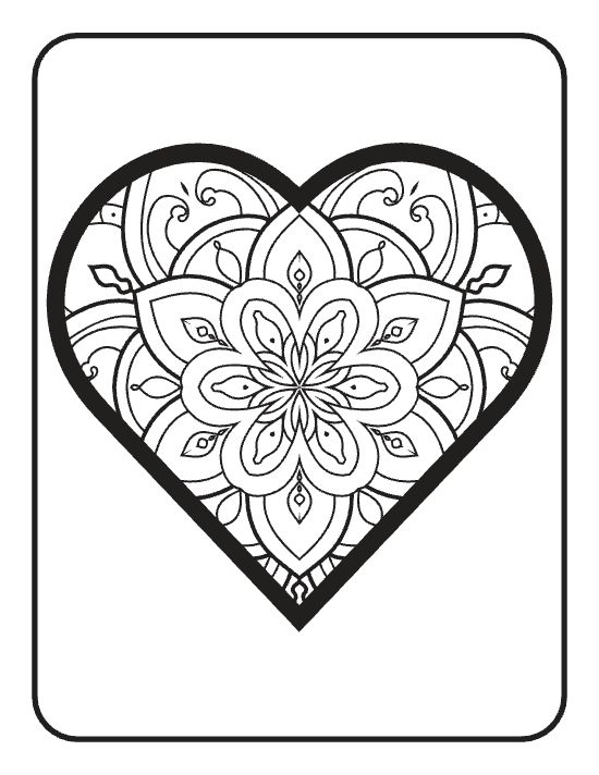 Ornate heart containing a symmetrical floral pattern with swirling motifs and thick outlines in a mandala.