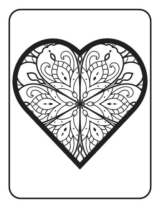 Symmetrical heart with floral petals and swirling motifs inside a thick black border mandala.