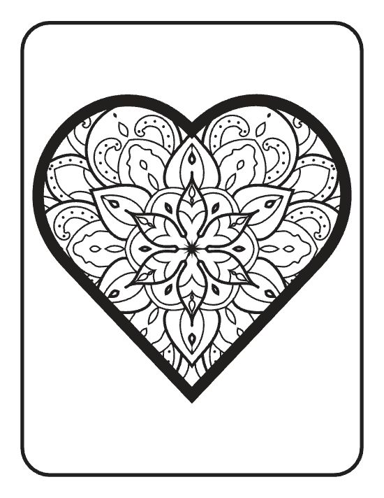 A large heart filled with symmetrical floral patterns and swirling motifs in a centered mandala.