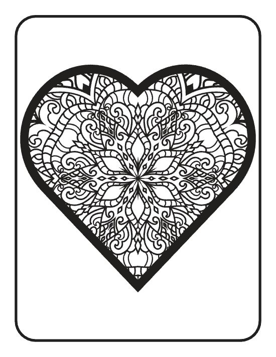 Large heart filled with symmetrical floral patterns and swirling motifs in a detailed mandala coloring page.