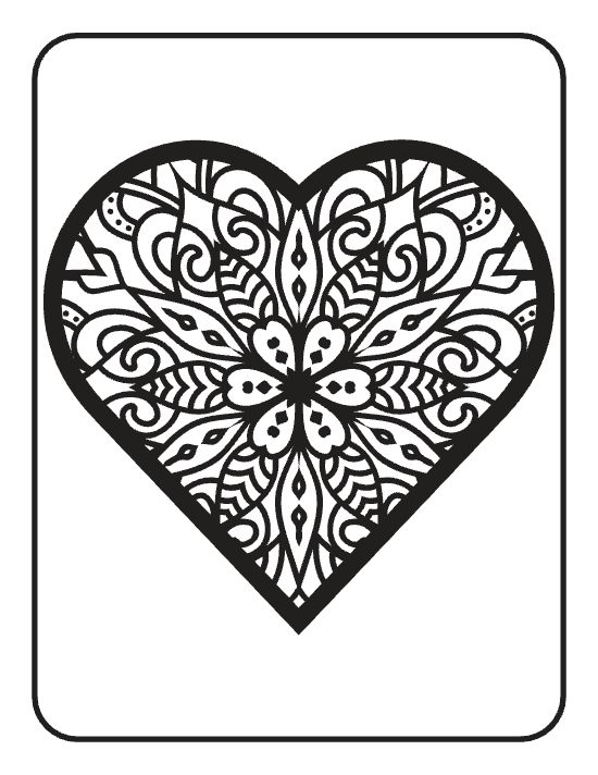 Ornate heart shape filled with symmetrical floral patterns and swirling motifs in a detailed mandala.