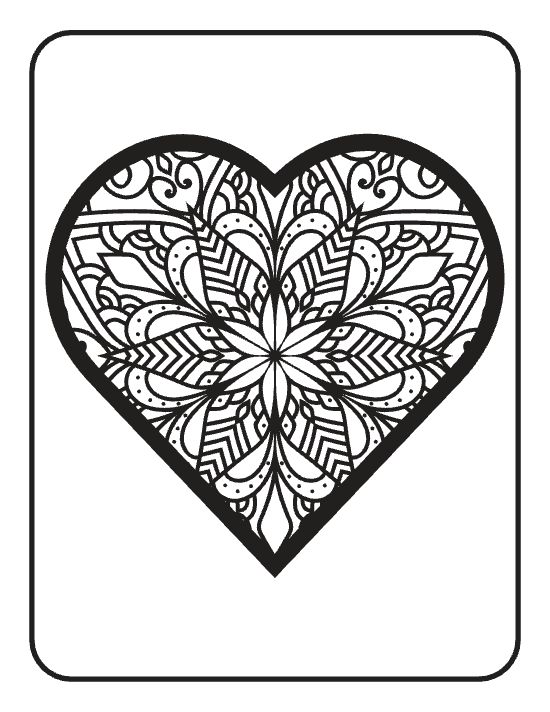 Heart shape filled with symmetrical floral patterns and geometric petals in a detailed mandala.