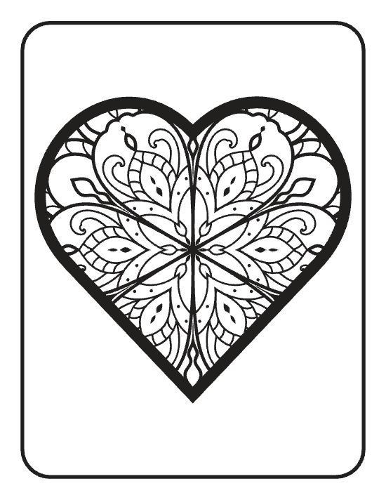 Symmetrical heart filled with intricate floral patterns and swirling motifs in a centered mandala coloring page.