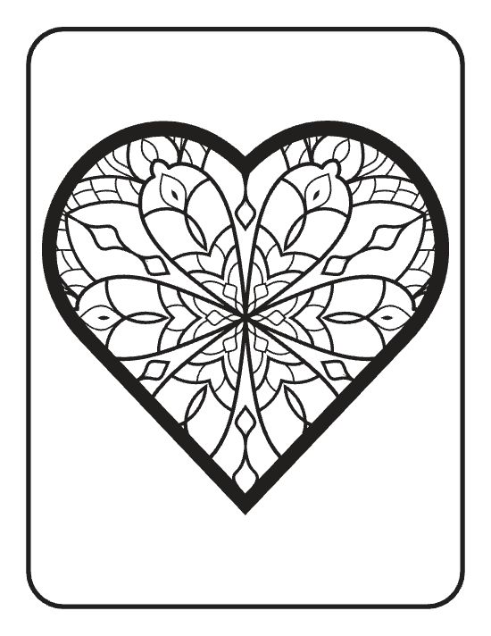 A large heart containing symmetrical floral patterns and geometric lines in a bold and easy coloring page.