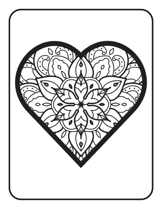 Ornate heart shape filled with floral patterns and swirling motifs in a symmetrical mandala coloring page.