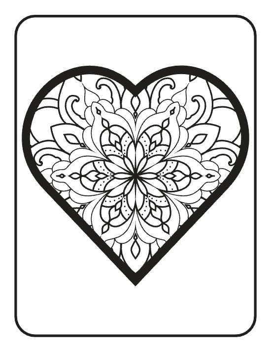 Ornate heart shape filled with symmetrical floral patterns and swirling motifs in a detailed mandala coloring page.