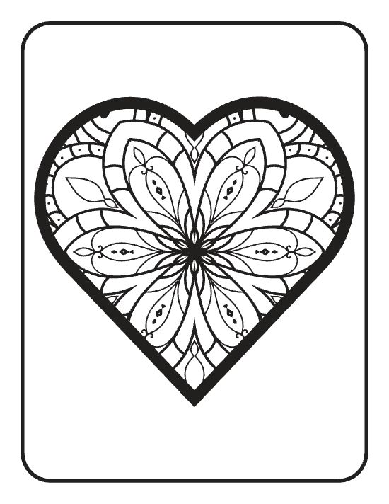 Symmetrical heart with floral petals and geometric patterns fills the center of this intricate mandala coloring page.