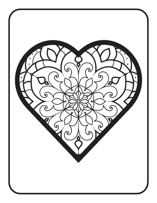 Ornate heart with symmetrical floral patterns and swirling motifs centered in a detailed mandala.