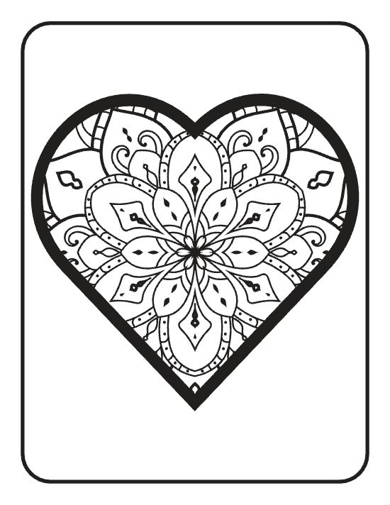 Heart shape containing a symmetrical floral pattern with thick black outlines in a mandala.