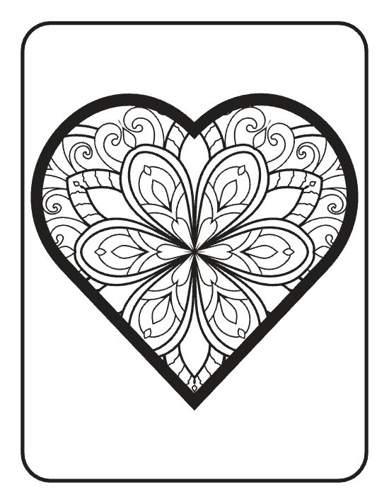 A large heart filled with floral petals and swirling motifs in a symmetrical mandala coloring page.