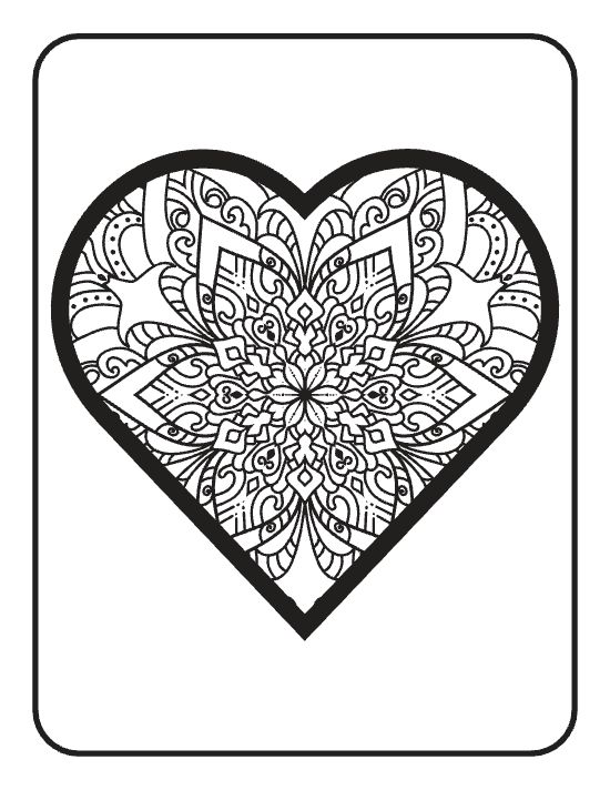 Heart shape filled with symmetrical floral patterns and intricate geometric motifs in a detailed mandala.