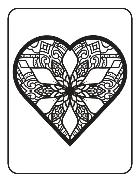 A large heart filled with symmetrical geometric patterns and swirling motifs in a detailed mandala.