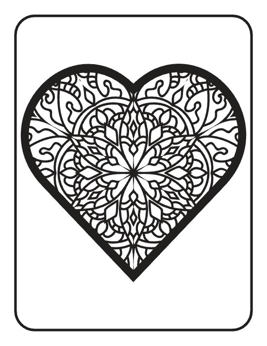 A large heart filled with symmetrical floral patterns and swirling motifs in a detailed mandala coloring page.