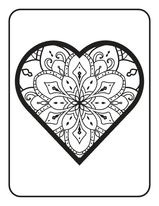 A large heart containing a floral mandala with symmetrical petals and swirling motifs for a coloring page.