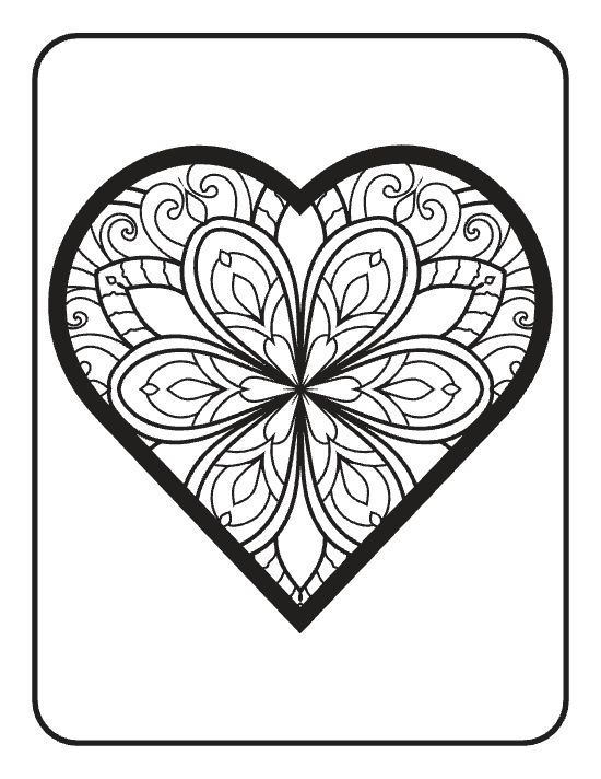 A large heart filled with symmetrical floral patterns and swirling motifs in a detailed mandala coloring page.