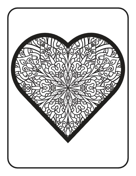Ornate heart with symmetrical floral patterns and swirling motifs centered in a detailed mandala coloring page.