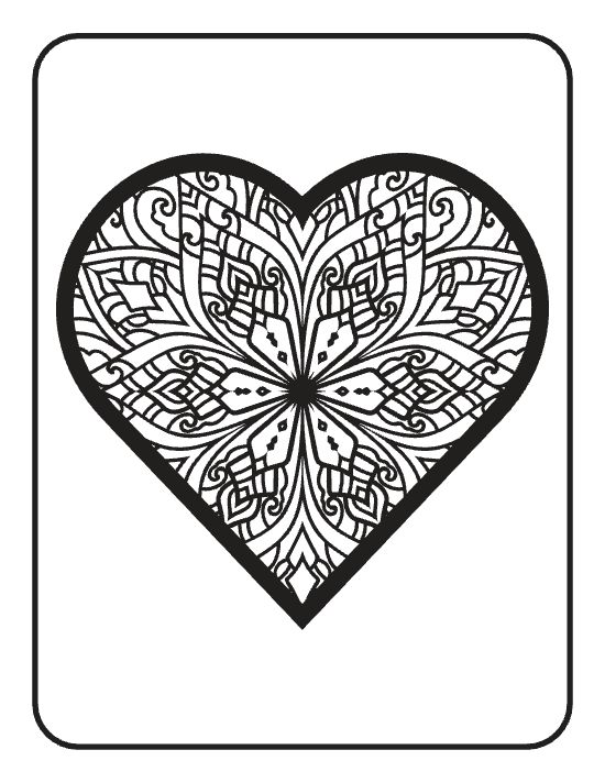 Symmetrical heart shape filled with dense floral and geometric patterns in a detailed mandala.
