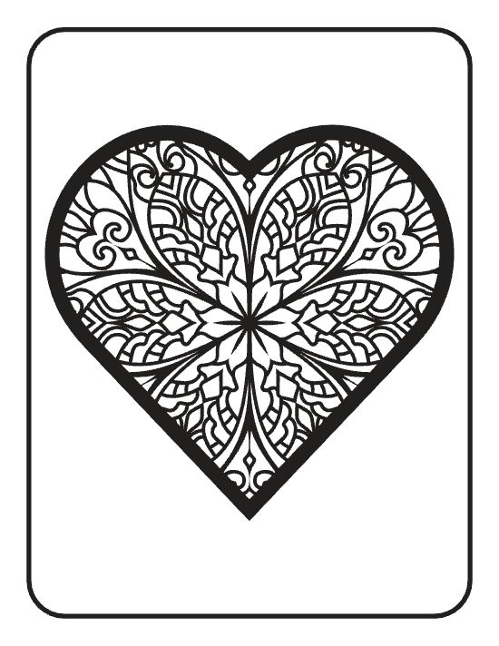 Ornate heart shape with symmetrical swirling motifs and thick black outlines in a detailed mandala.