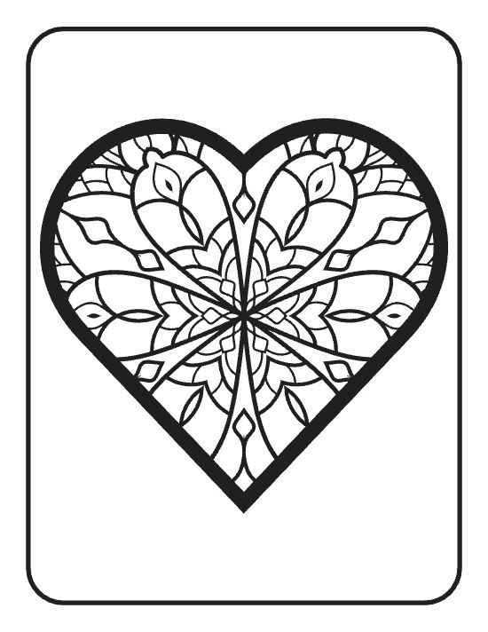 A large heart filled with symmetrical floral patterns and geometric shapes in a bold and easy coloring page.