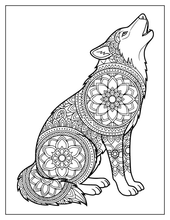 Wolf sitting with muzzle raised in a howl and flower medallions on the body, coloring page