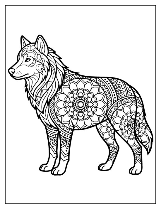 Wolf standing with the bushy tail swept out and body mandalas, mandala