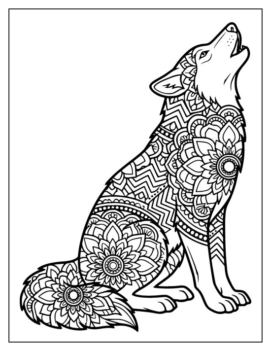 Wolf sitting with head lifted in a howl and flower medallions on the body, coloring page