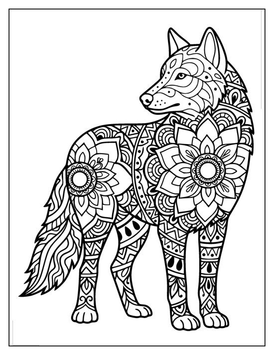 Wolf standing in profile with layered petal bands down the legs, coloring sheet
