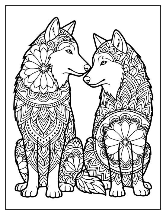 Two wolves sitting face to face nose to nose with patterned bodies, mandala