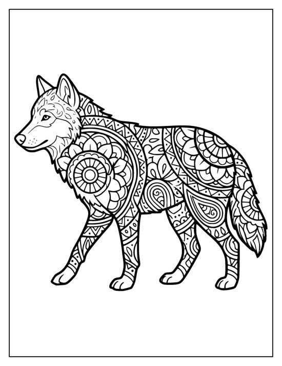 Wolf walking in profile with one paw forward and body mandalas, coloring page