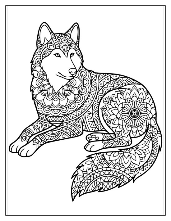 Wolf sitting in profile with a clear face and a flower medallion on the haunch, coloring sheet