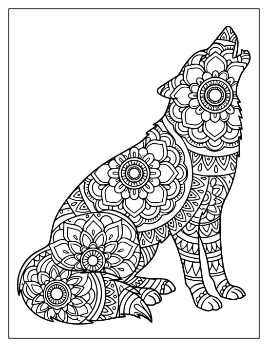 Wolf lying at rest with a lightly patterned head and body mandalas, mandala