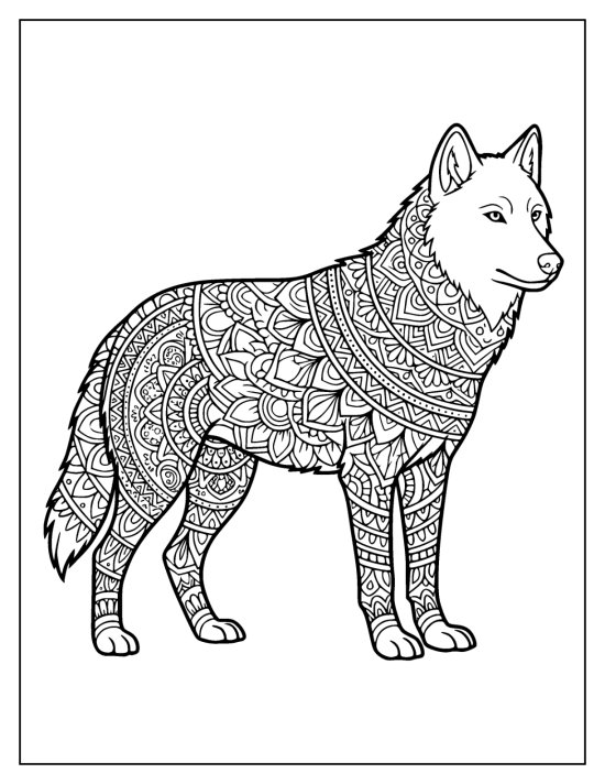 Wolf standing in profile with a clear face and dense petal patterns on the body, coloring page