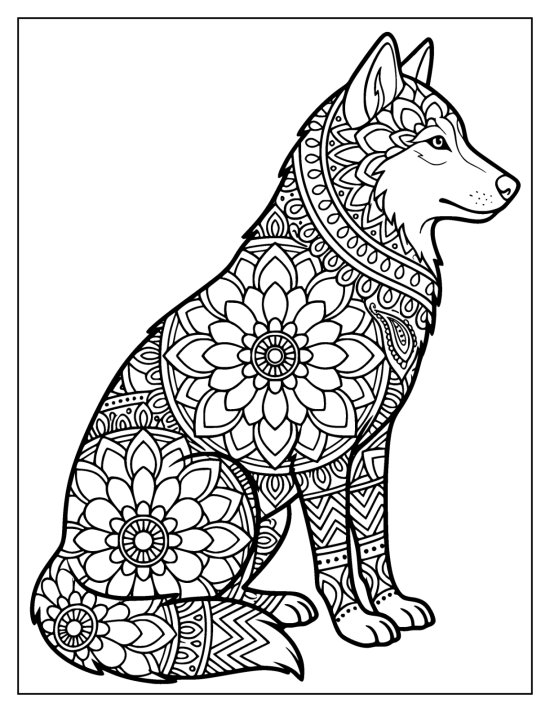 Wolf sitting upright with a flowing mandala body and a light profile face, coloring sheet