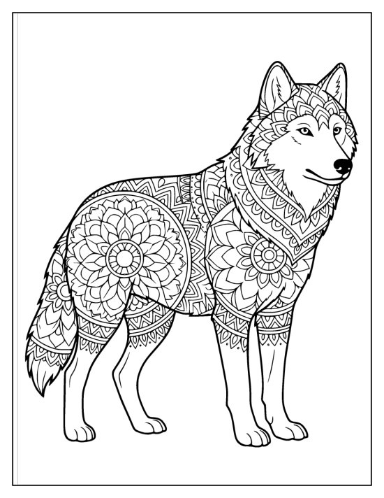 Wolf standing in profile with a clear face and flower medallions on the flank, mandala