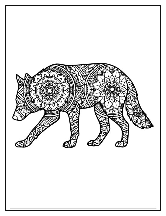 Wolf in a low prowling stance with mandala patterns across the body, coloring sheet
