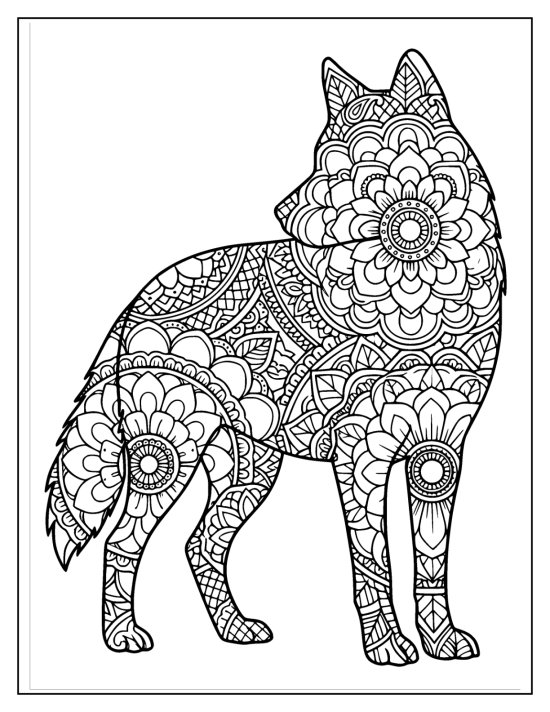 Wolf standing and looking back over its shoulder with body mandalas, coloring page
