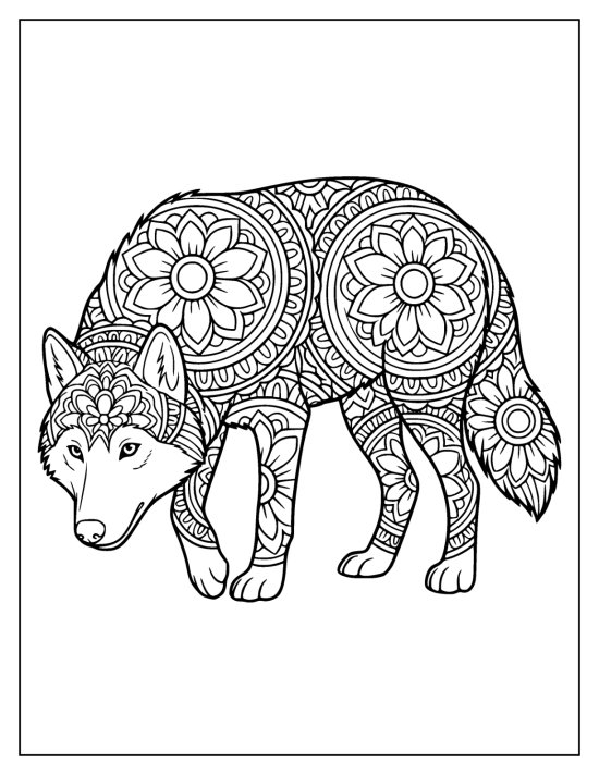 Wolf with head lowered sniffing the ground and patterned body, coloring sheet