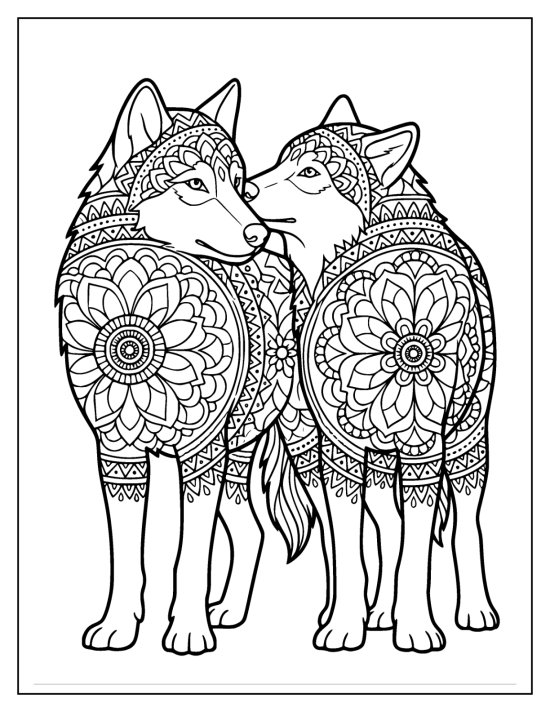 Two wolves standing close and nuzzling with heads turned toward each other, mandala