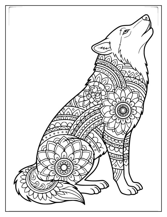 Wolf sitting and howling with a raised muzzle and big body medallions, coloring sheet