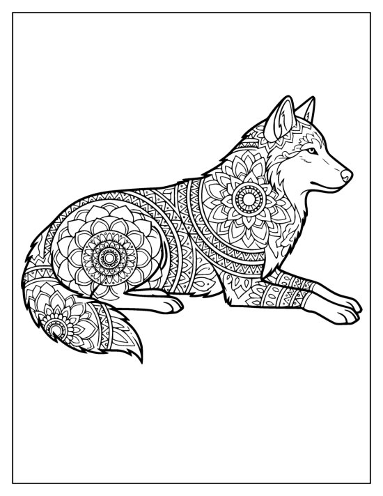 Wolf lying at rest with a lightly patterned head and mandala body, mandala