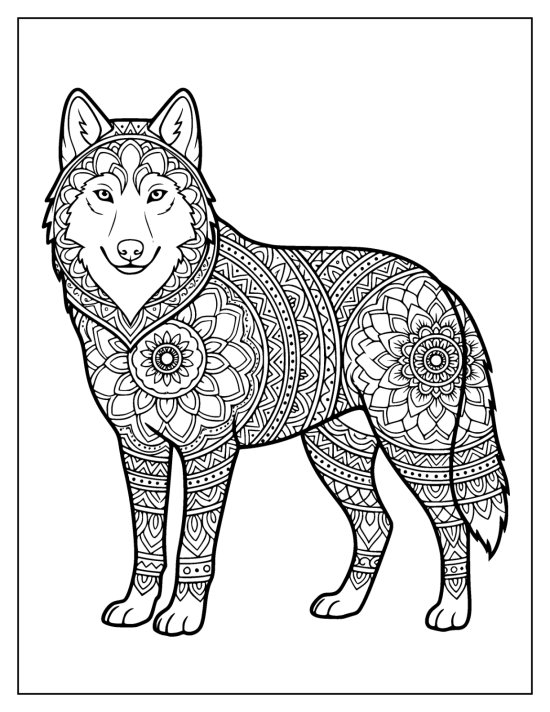 Wolf standing in profile with a clear face and a large body medallion, coloring page