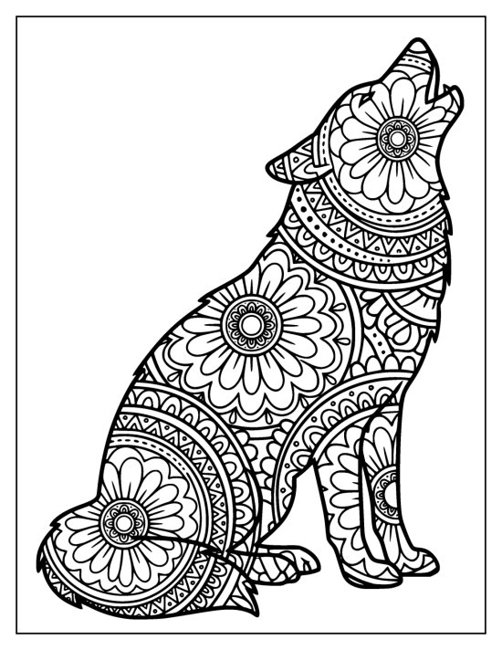 Wolf sitting calmly in profile with a lightly patterned head and body mandalas, coloring sheet