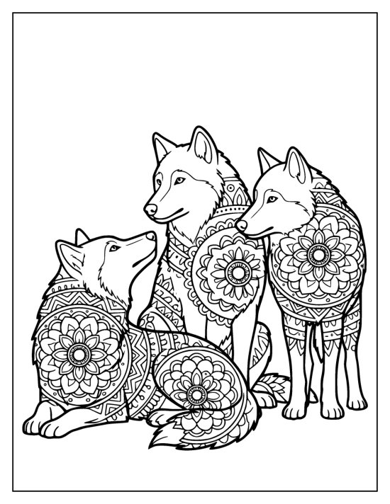 Three wolves grouped together as a family pack with patterned bodies, mandala