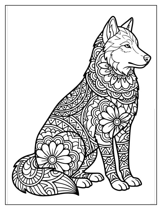Wolf sitting upright with a flowing mandala body and light profile face, coloring page